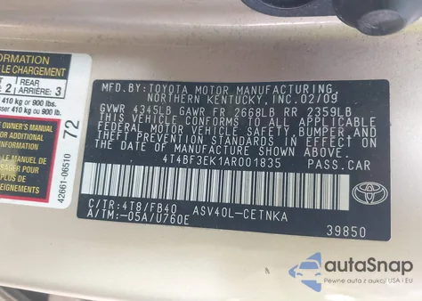 2010 Toyota Camry Le from USA, damaged, VIN 4T4BF3EK1AR001835